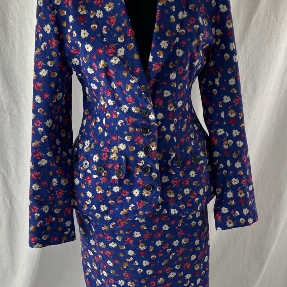 Vintage Cojana London Blue Floral Suit Jacket Sz 10 Skirt Sz 8 Lady Di